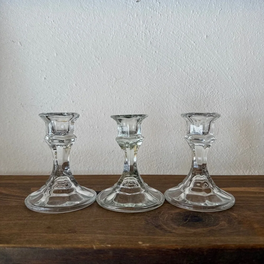 Set of 3 Clear Glass Taper Candle Holders Hexagonal Base 4 inch